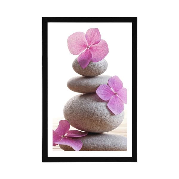 Plagát s paspartou balans kameňov a ružové orientálne kvety - 30x45 black