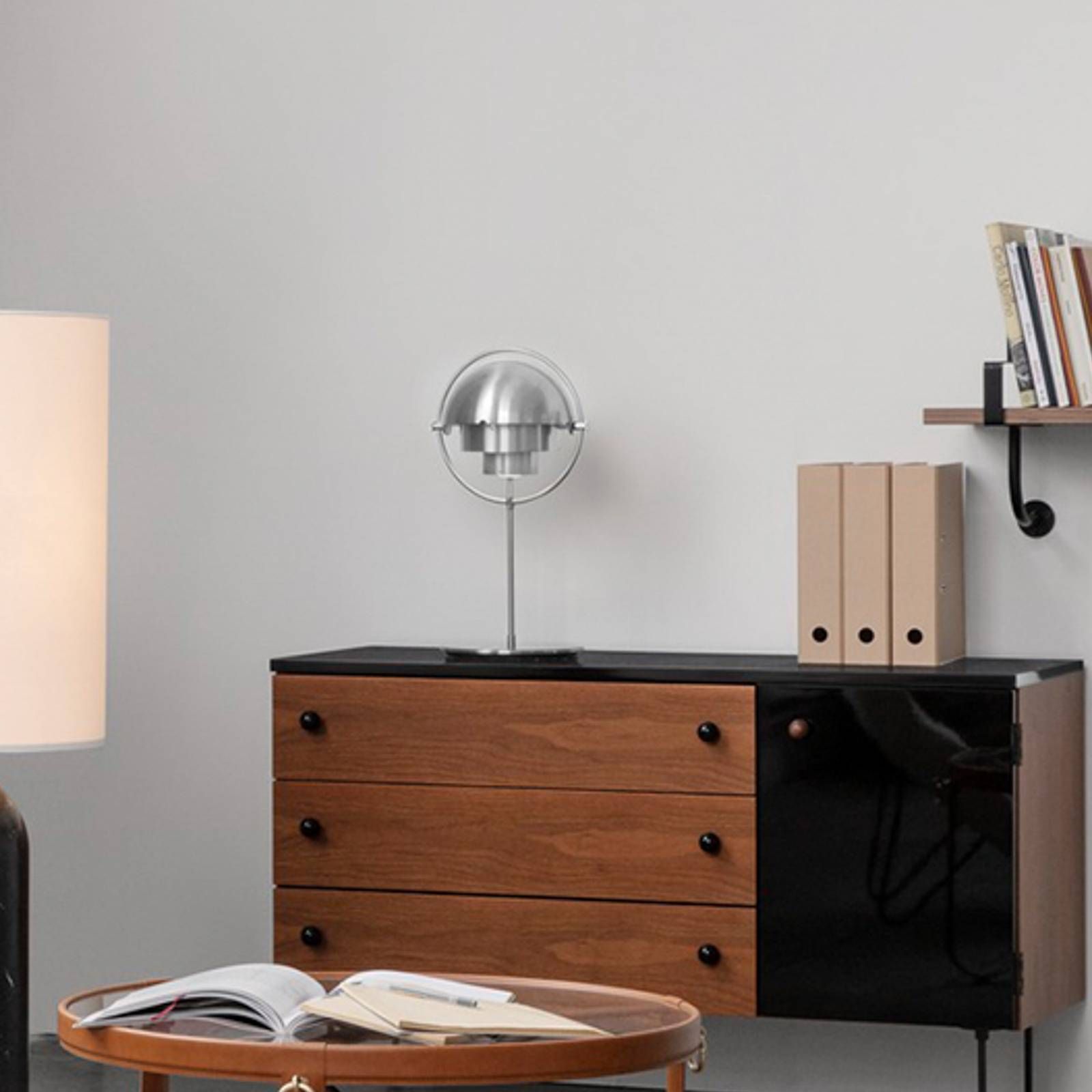GUBI Multi-Lite stolná lampa chróm/chróm, Obývacia izba / jedáleň, oceľ, E14, 40W, K: 50cm