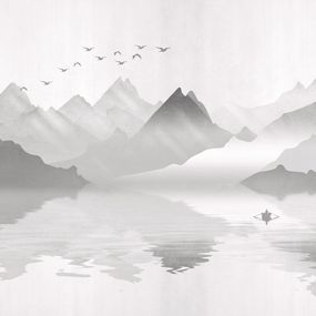 FTNS 1246 AG Design vliesová fototapeta 4-dielna Misty Mountain, horské jazero v hmle, loďka na jazere, veľkosť 360 x 270 cm