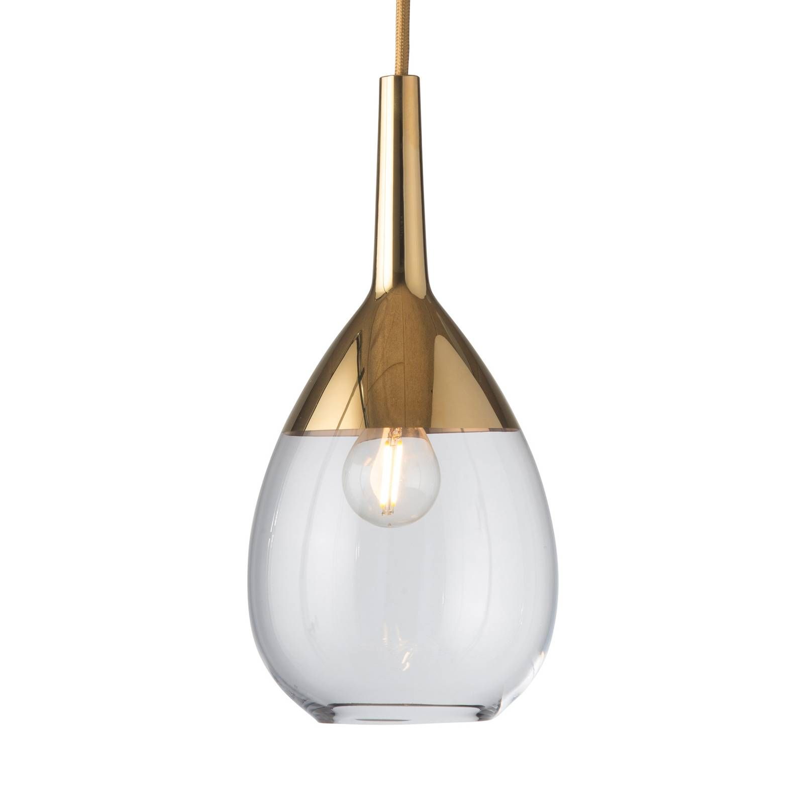 EBB & FLOW Lute S závesná lampa, zlatá číra, Obývacia izba / jedáleň, sklo, kov, textil, E14, 25W, K: 27cm