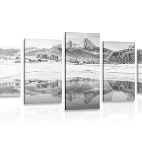 5-dielny obraz zasnežená krajina v Alpách v čiernobielom prevedení