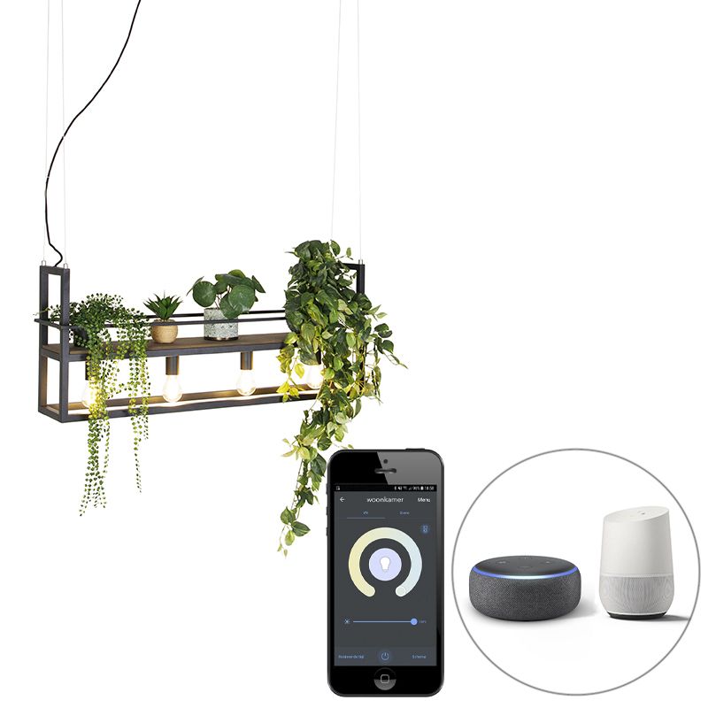 Smart hanglamp zwart met hout en rek 4-lichts incl. Wifi A60 - Cage Rack