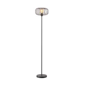 Lindby Krish stojacia lampa vzhľad klietky, čierna, Obývacia izba / jedáleň, železo, E27, 15W, K: 150cm