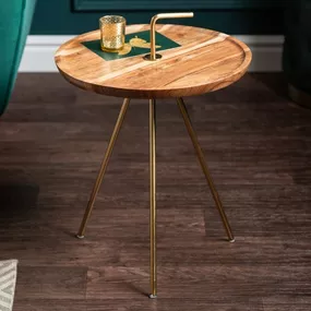 Estila Art-deco kruhový príručný stolík Gedling z masívneho agátového dreva so zlatým úchytom 41cm