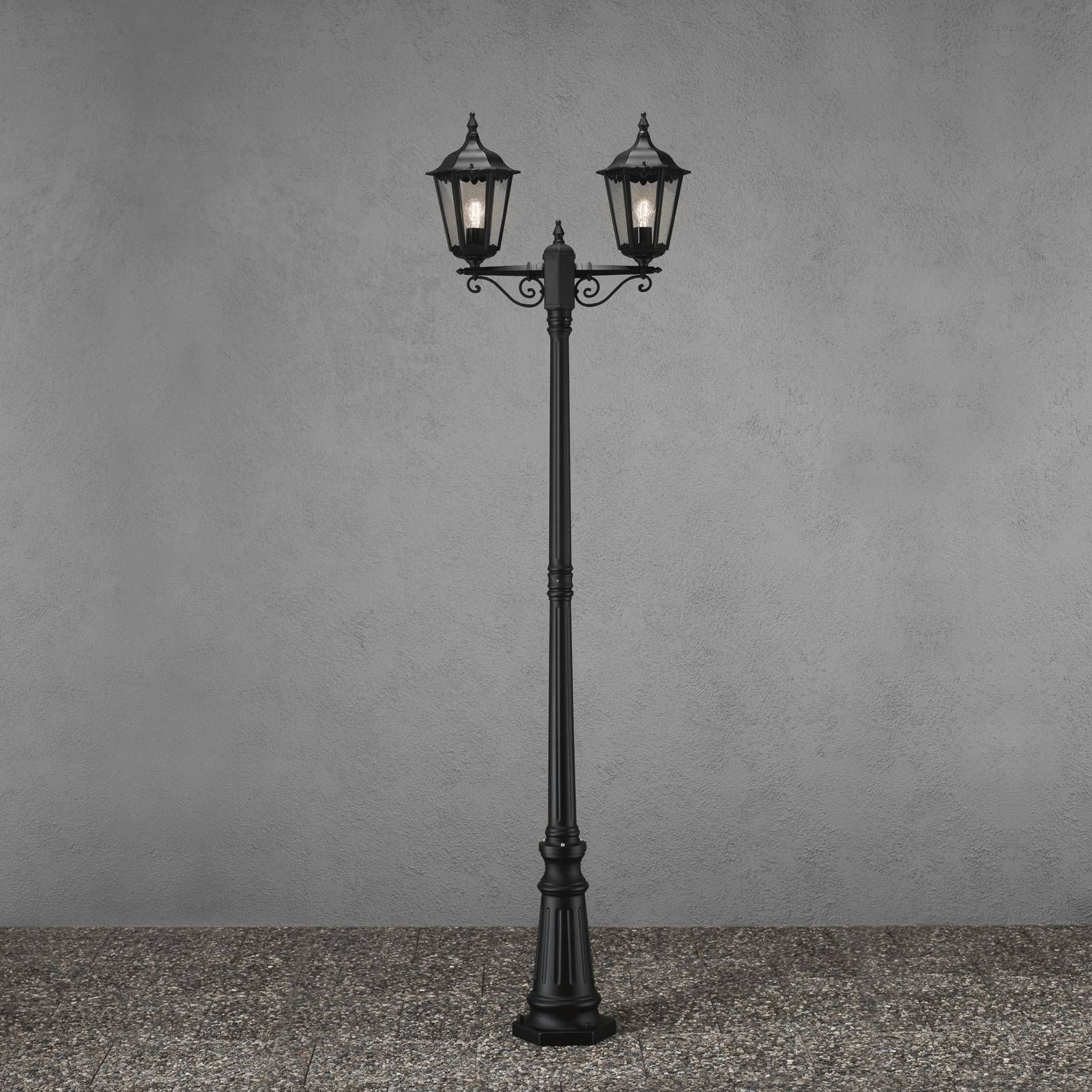 Konstsmide Stĺpové svietidlo Firenze, 2-plameňové čierne, hliník, sklo, E27, 100W, L: 25 cm, K: 220cm