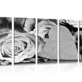 5-dielny obraz valentínske ruže v čiernobielom prevedení