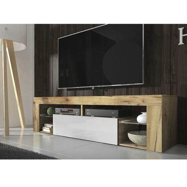 Sconto TV stolík HUGO dub wotan/biela lesklá, 140 cm