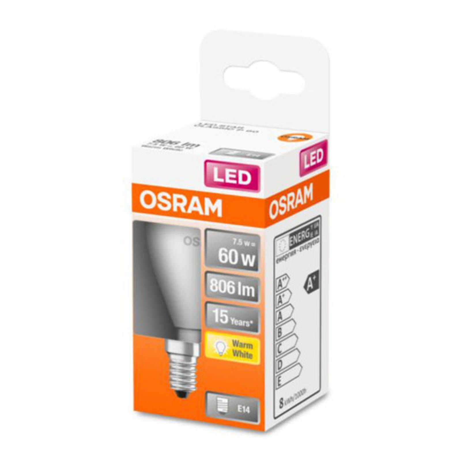 OSRAM Classic P LED žiarovka E14 7W 2 700K matná, E14, 7W, Energialuokka: F, P: 9 cm