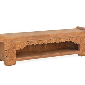 Estila Masívna rustikálna lavica Merida z teakového dreva s poličkou a ornamentálnym zdobením 195cm