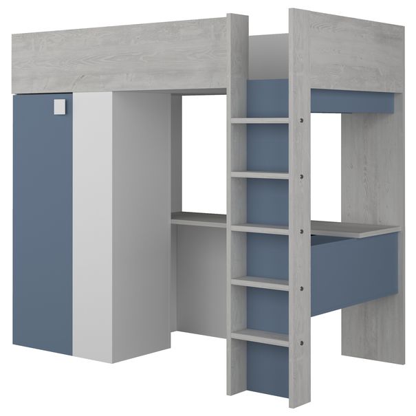 Sconto Poschodová posteľ so skriňou a stolom EMMET V pínia cascina/modrá, 90x200 cm
