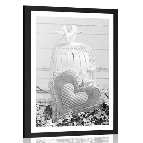 Plagát s paspartou vintage srdiečko a lucerničky v čiernobielom prevedení - 60x90 white