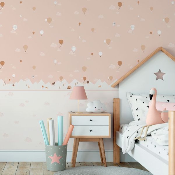 7501-3 ICH Wallcoverings detská samolepiaca ružová bordúra na stenu z kolekcie Noa 2025 hory, balóny, veľkosť 16 cm x 5 m