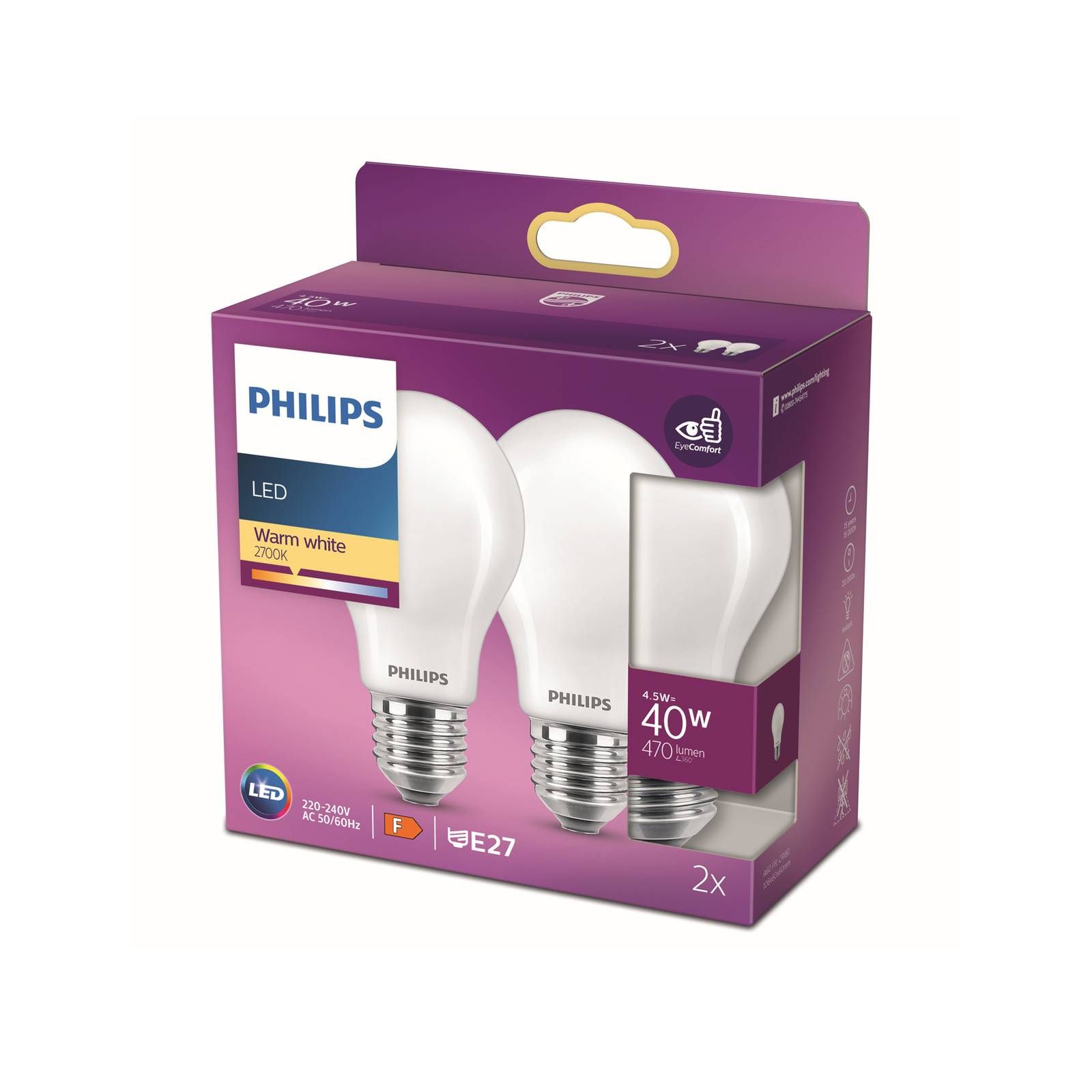 Philips LED žiarovka E27 4, 5W 2700K opálová 2 kusy, sklo, E27, 4.5W, Energialuokka: G, P: 10.6 cm