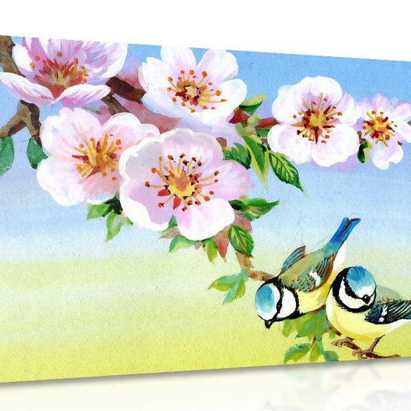 Obraz sýkorky a kvitnúce kvety - 90x60