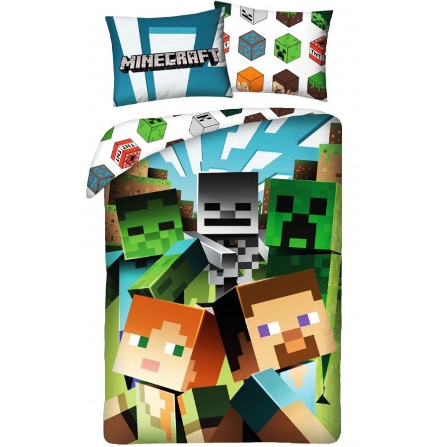 Halantex · Bavlnené posteľné obliečky Minecraft - motív Alex a Steve vs. monštrá - 100% bavlna - 70 x 90 cm + 140 x 200 cm