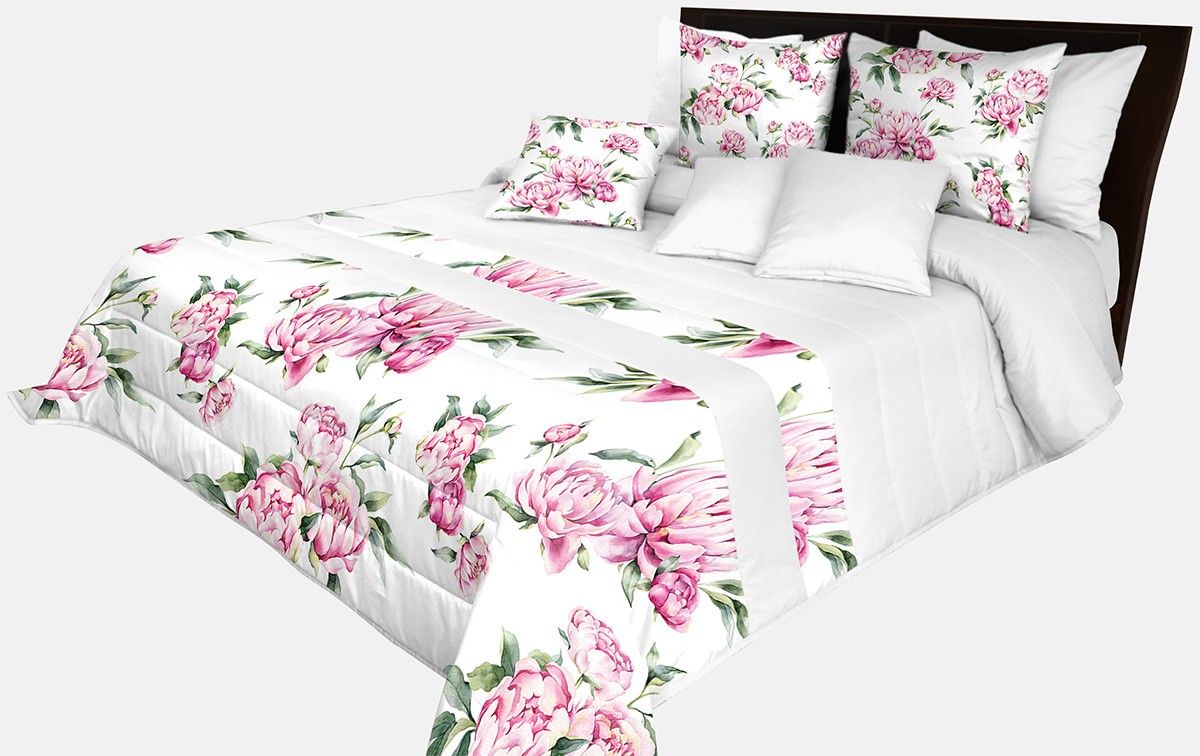 DomTextilu Prehoz na posteľ v krásnej bielej farbe s potlačou ružových kvetín a zelených listov Šírka: 170 cm | Dĺžka: 210 cm 65870-239591