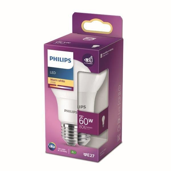 Philips 8718699769642 LED žiarovka 1x8W | E27 | 806lm | 2700K - teplá biela, matná biela, EyeComfort