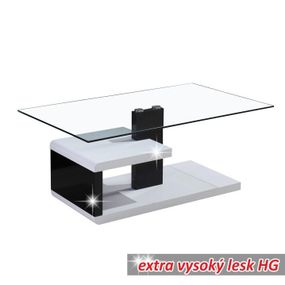 Konferenčný stolík, mdf + číre sklo, biela / čierna s extra vysokým