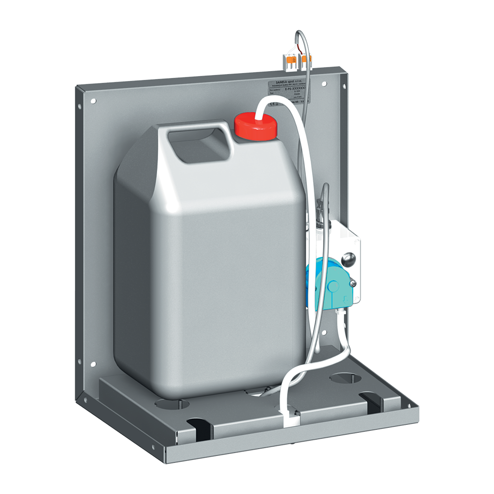 Sanela - Nástenný dávkovač tekutej a gelovej dezinfekcie pre umiestnenie za zrkadlo