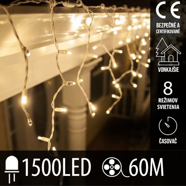 Vianočná led svetelná záclona vonkajšia - programy - časovač + diaľkový ovládač - 1500led - 60m teplá biela