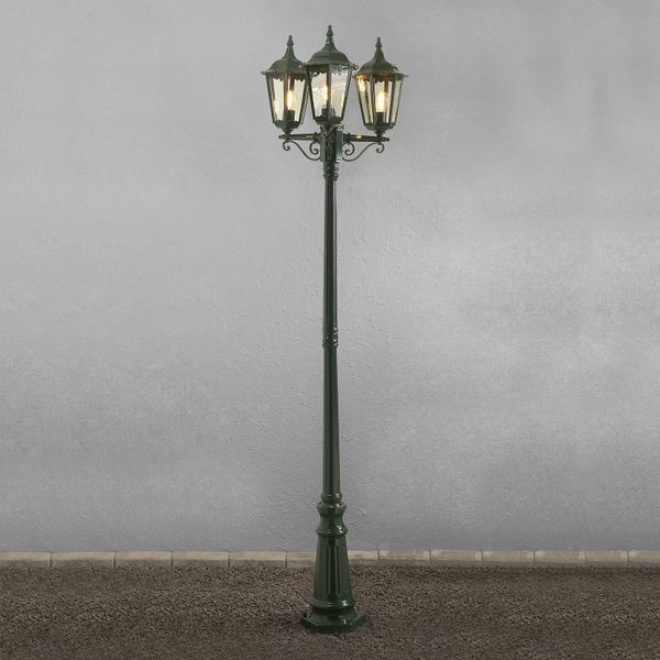Konstsmide Stĺpové svietidlo Firenze, 3-plameňové zelené, hliník, sklo, E27, 100W, K: 220cm