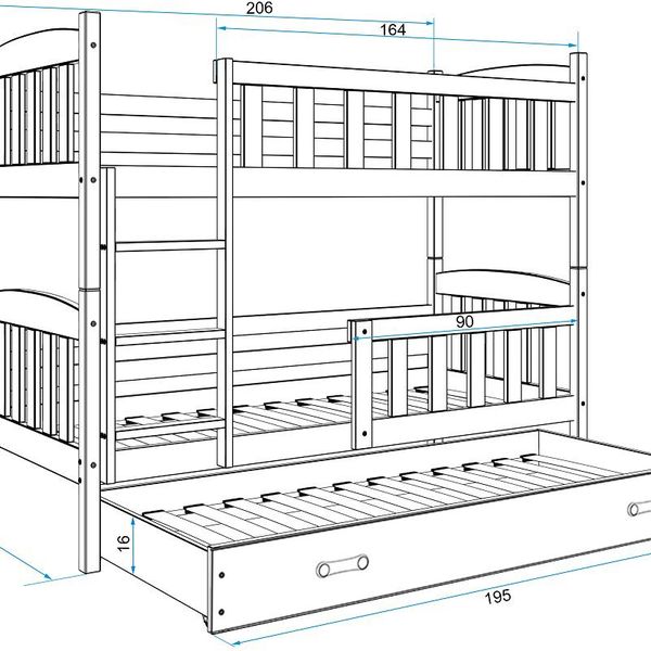 Poschodová posteľ s prístelkou KUBO 3 - 200x90cm Biela - Grafitová