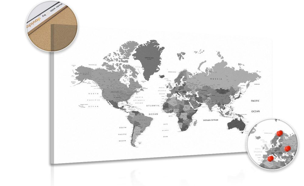 Obraz na korku mapa sveta v čiernobielej farbe