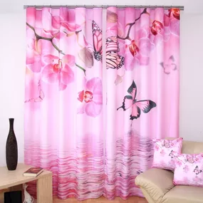 Krásny ružový záves na okná s orchideami a motýlikmi 3D