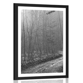 Plagát s paspartou čiernobiela cestička do lesa