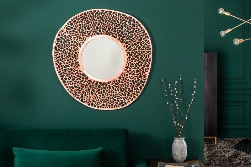Estila Moderné nástenné zrkadlo Hoja s okrúhlym rámom z kovu v medenej farbe 76cm
