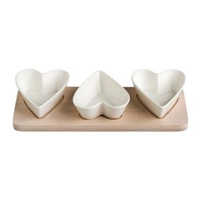 Sada 3 servírovacích misiek z porcelánu na bambusovom podnose Brandani Hearts