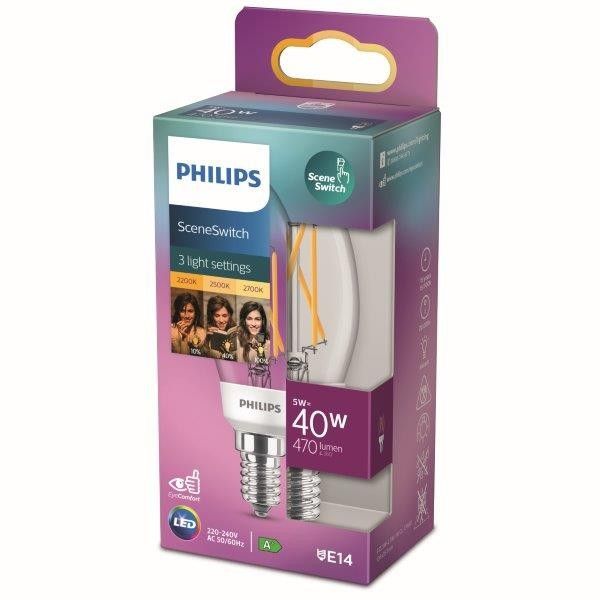 Philips 8718699772154 LED žiarovka 1x5 / 2,5 / 1W | E14 | 470lm | 2200K-2500-2700K - 3 svetelné módy, číra, Eyecomfort