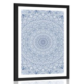 Plagát s paspartou detailná ozdobná Mandala v modrej farbe - 30x45 silver