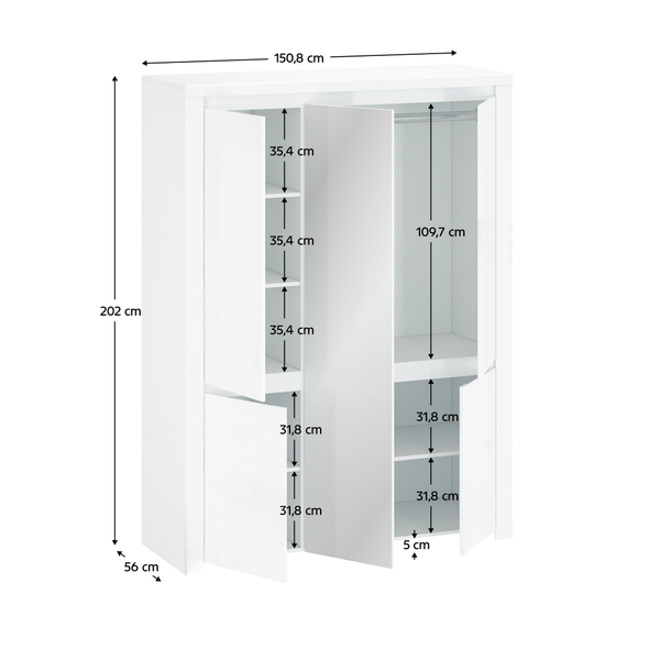 Skriňa 5D so zrkadlom, biely lesk, LINDY