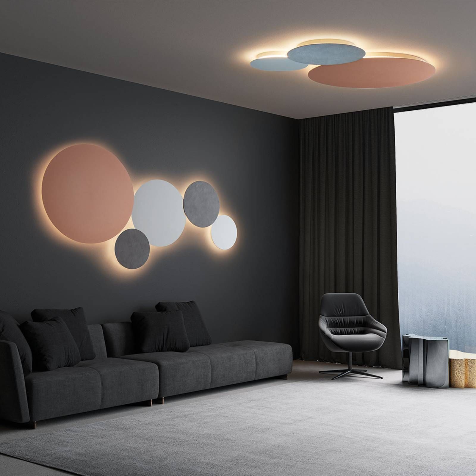 Escale Blade nástenné LED, vzhľad betón, Ø 79 cm, Obývacia izba / jedáleň, hliník, 40W