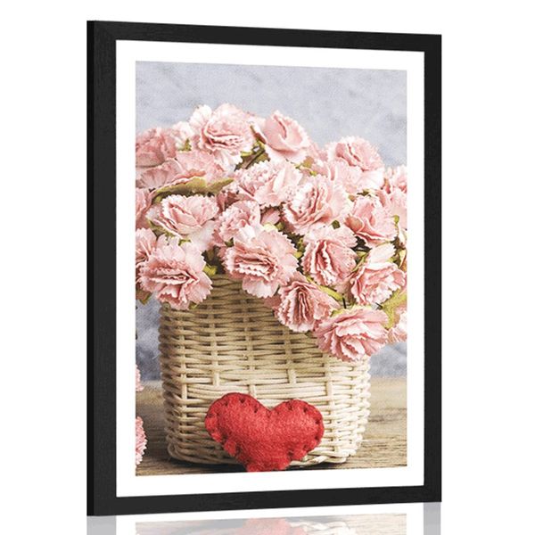Plagát s paspartou kytička ružových karafiátov v košíku - 30x45 white