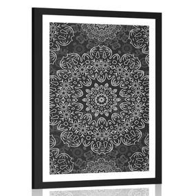 Plagát s paspartou Mandala s abstraktným vzorom v čiernobielom prevedení - 20x30 silver