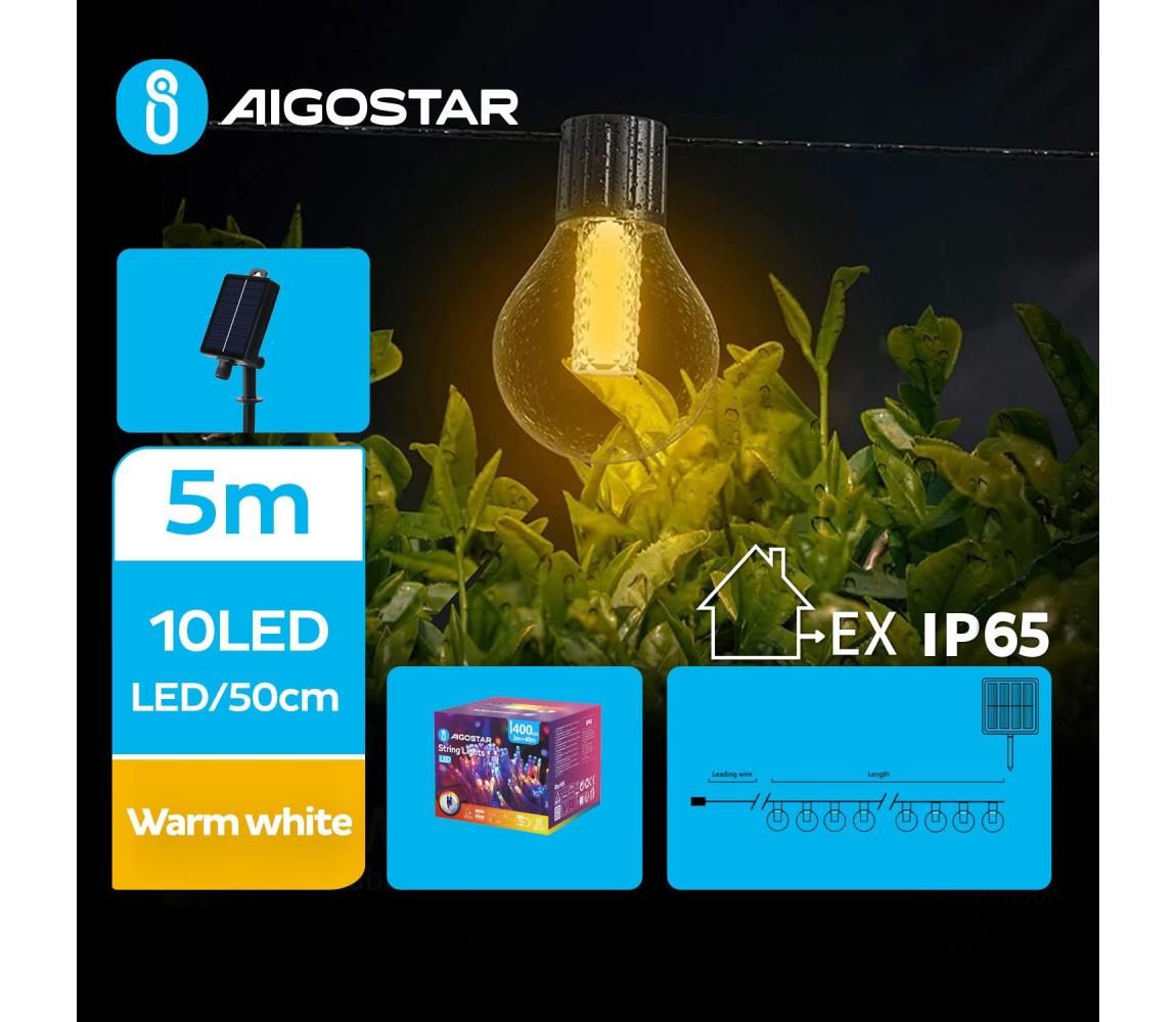 Aigostar - LED Solární dekoračná reťaz 10xLED/8 funkcií 5,5m IP65 teplá biela