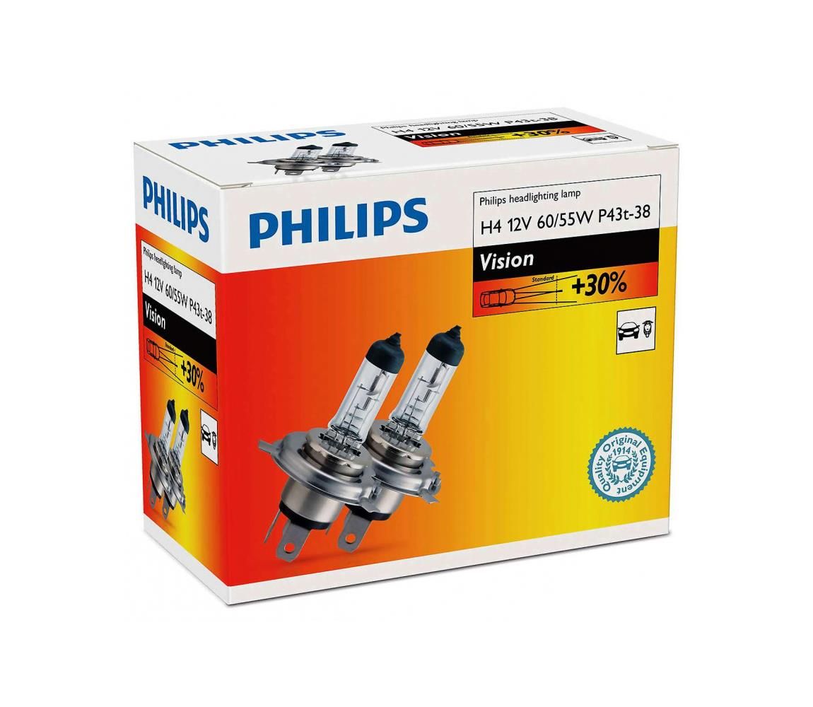SADA 2x Autožiarovka Philips VISION 12342PRC2 H4 P43t-38/60W/55W/12V 3200K