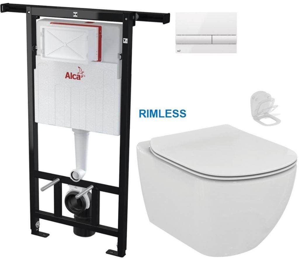 ALCADRAIN Jádromodul - predstenový inštalačný systém s bielym tlačidlom M1710 + WC Ideal Standard Tesi se sedlem RIMLESS AM102/1120 M1710 TE2