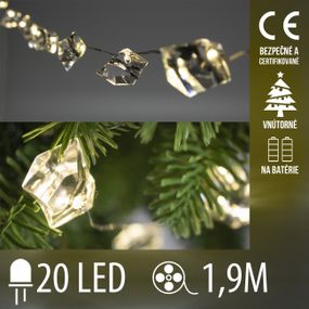 Vianočná LED svetelná reťaz vnútorná na batérie - akrylový krištáľ - 20LED - 1,9M Teplá Biela