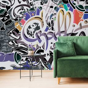 Samolepiaca tapeta trendy fialová graffiti stena - 450x300