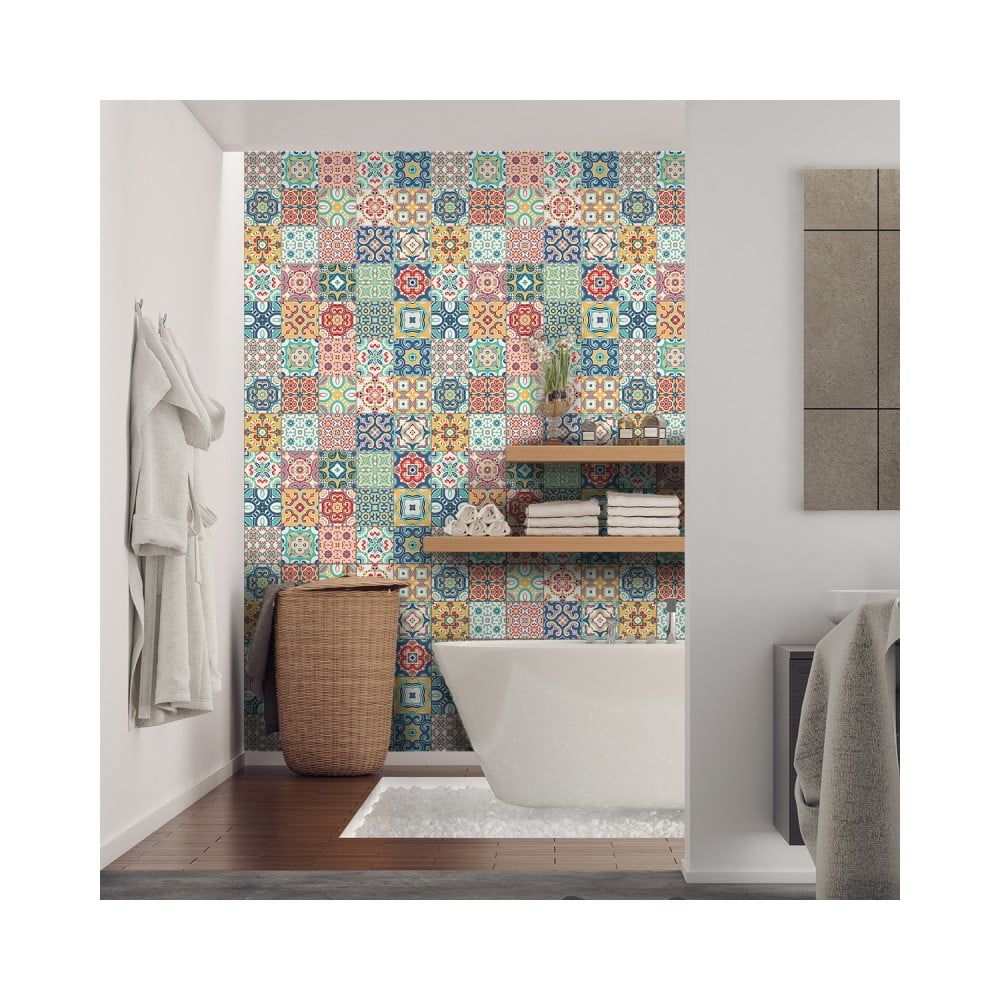 Sada 60 nástenných samolepiek Ambiance Wall Decal Cement Tiles Montanares, 15 × 15 cm