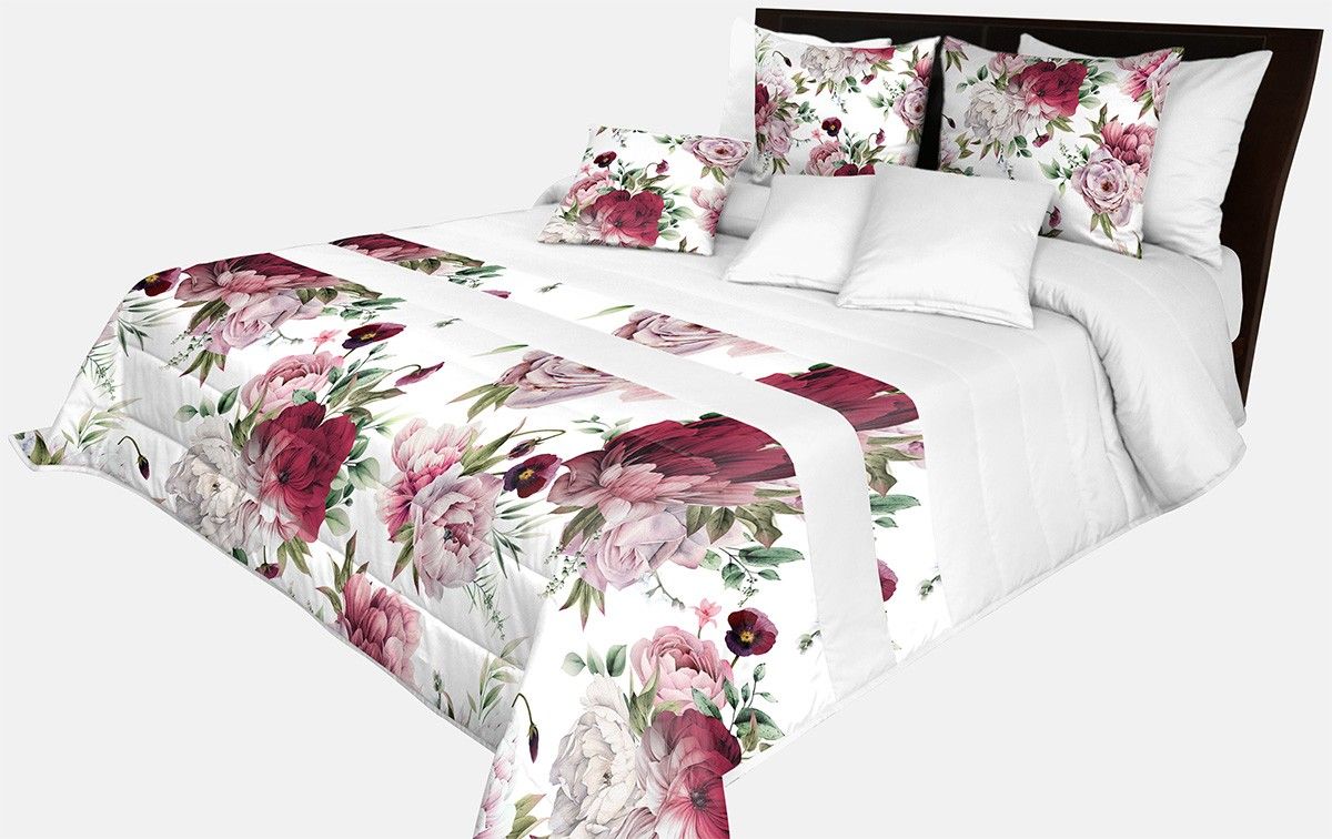 DomTextilu Prešívaný prehoz na posteľ v bielej farbe s dokonalou potlačou ružových a bordových pivonií Šírka: 240 cm | Dĺžka: 240 cm 65859-239518