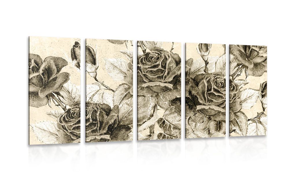 5-dielny obraz vintage kytica ruží v sépiovom prevedení