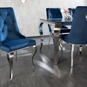Estila Baroková dizajnová jedálenská stolička Glamour s chrómovou konštrukciou a modrým zamatovým čalúnením 102cm