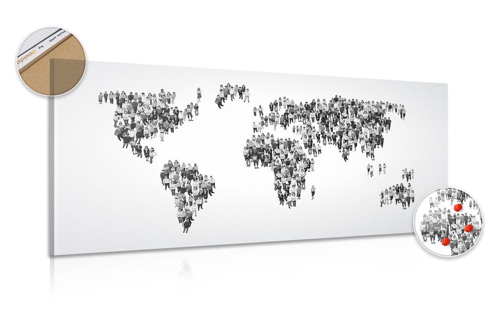Obraz na korku mapa sveta pozostávajúca z ľudí v čiernobielom prevedení - 120x60