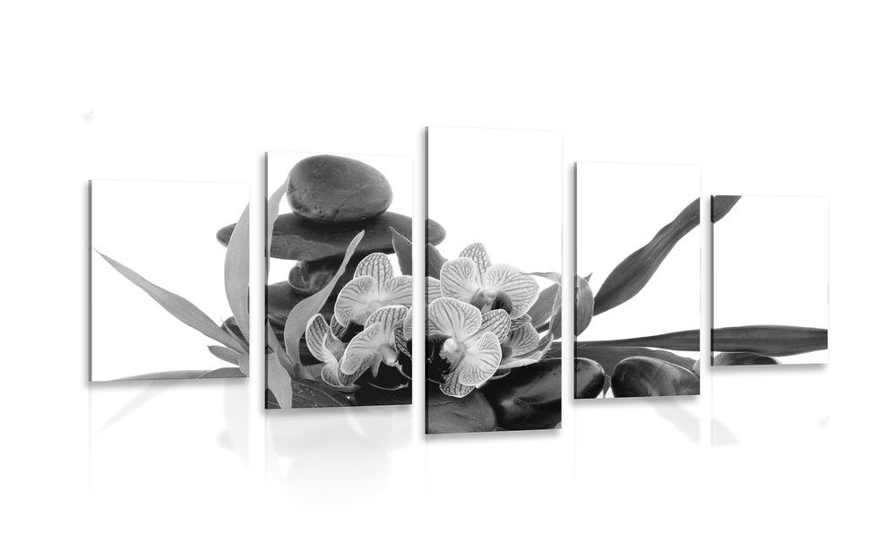 5-dielny obraz orchidea v Zen zátiší v čiernobielom prevedení