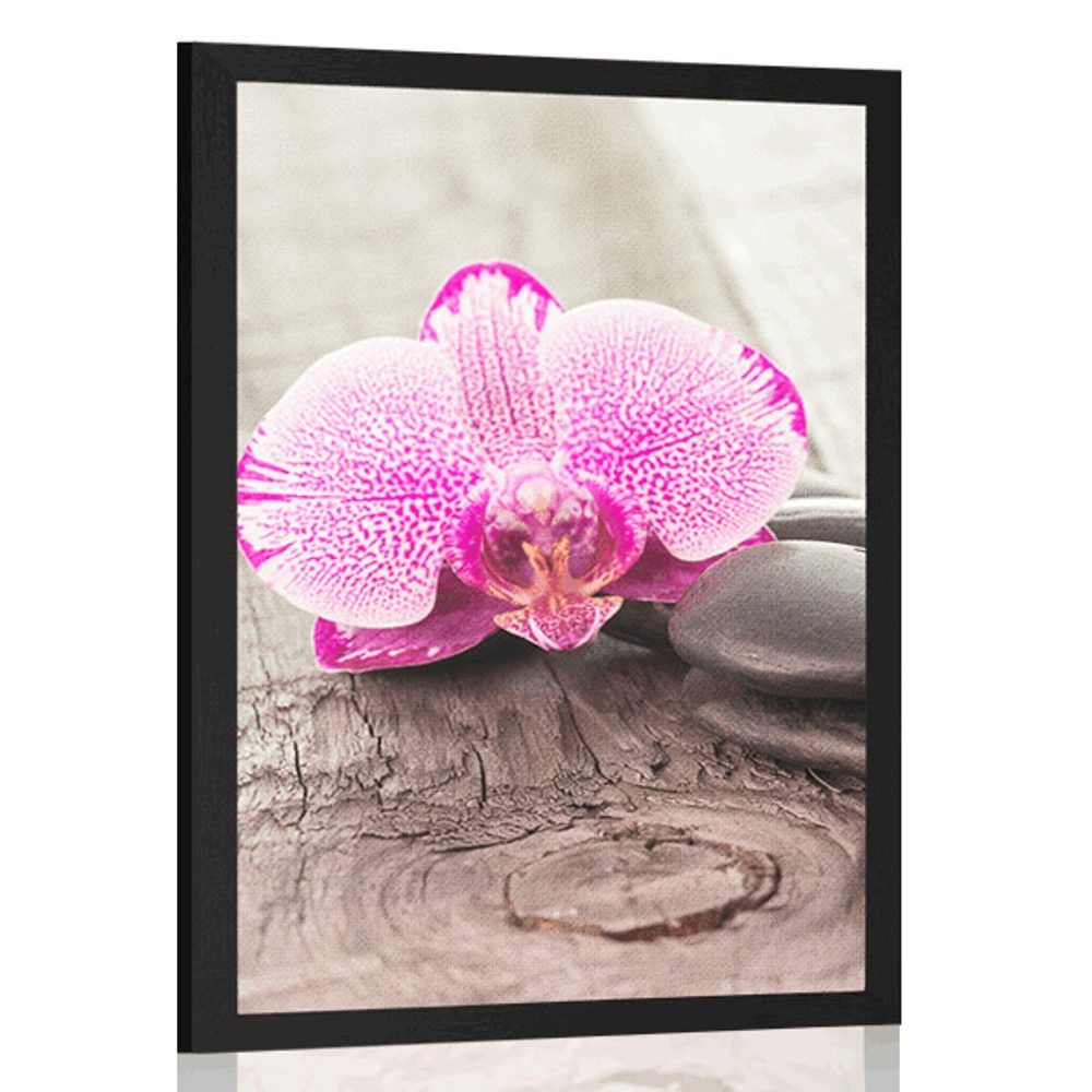 Plagát s paspartou orchidea a Zen kamene na drevenom podklade - 40x60 black