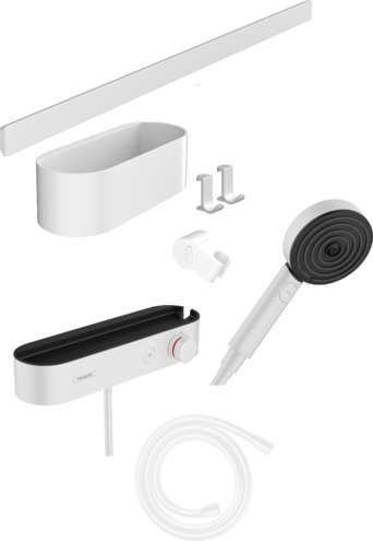 Hansgrohe WallStoris - Sada: ručná sprcha 105 3jet Activation EcoSmart, termostat, nástenná tyč 70 cm a sada na odkladanie, biela matná 24250700
